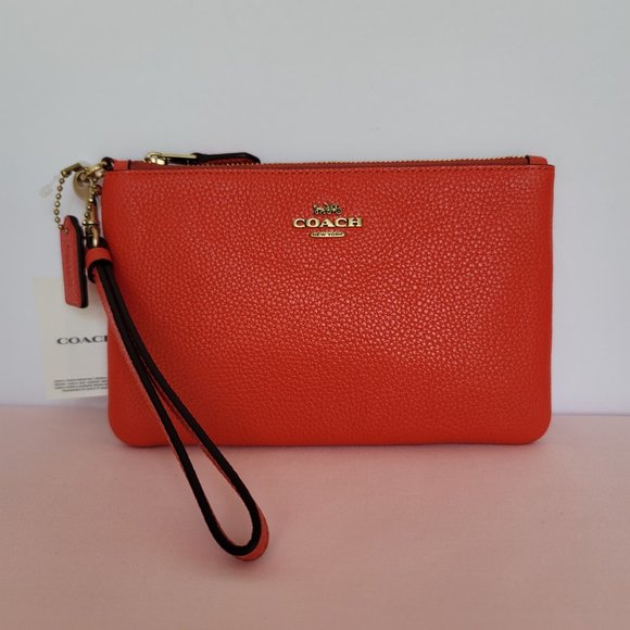 COACH Small Wristlet in Polished Pebbled Leather -Red Orange - Picture 2 of 16